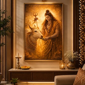 May include: A framed artwork depicts a golden-hued deity with long hair, adorned with jewelry, and holding a trident. The deity is tenderly touching a white bull. The artwork is displayed above a cabinet with decorative items.