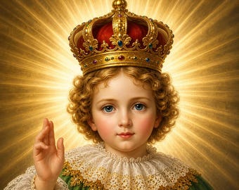 Kindje Jezus van Praag Art Print | Groene mantel devotionele heilige kunst (digitale download)