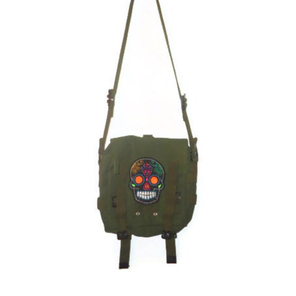 Olive Green Upcycled Military Heavy Duty Durable Satchel Shoulder Bag Colerful Mexican Skull Applique