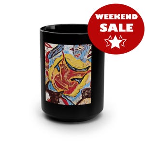Helloween Masque Mug in red, black, blue and yellow Black 15oz Ceramic free shipping USA