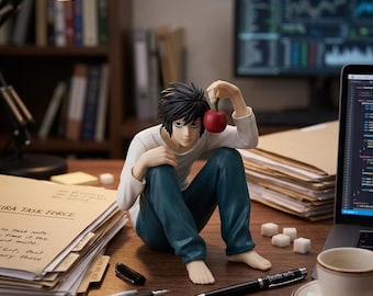L Lawliet Figurine Death Note Anime Figure Sitting Desk Decor – L Holding Apple Collectible Mini Statue