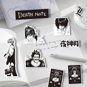 May include: A collection of black and white Death Note stickers featuring characters L, Light Yagami, and Ryuk, along with logo decals. The stickers display various manga illustrations, the text Death Note, and Japanese characters, arranged on a notebook.