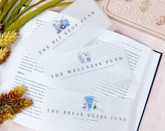 May include: Three translucent cards with text: "The Pit Stop Fund", "The Wellness Fund", and "The Break Glass Fund". The cards are on top of an open book. A pink tray with the word "GOALS" is in the background.