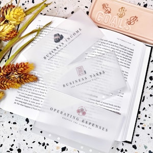 May include: Three translucent plastic cash envelopes with black text and icons. The top envelope reads BUSINESS INCOME, the middle reads BUSINESS TAXES, and the bottom reads OPERATING EXPENSES. Each envelope features a small graphic icon above the text.