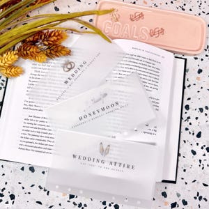 May include: Three translucent, rectangular plastic cash envelopes with punched holes, labeled Wedding, Honeymoon, and Wedding Attire. They are placed on an open book next to a light pink ceramic tray with the word Goals embossed on it.