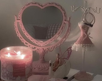 Beautiful Mirror Pink Heart Vanity | Cute Decorative Makeup Mirror | Cottagecore Vanity Decor | Girly Desk Mirror