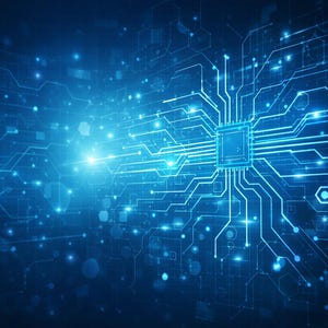 Puede incluir: Ilustración digital abstracta de un procesador de computadora. La imagen presenta un procesador central cuadrado con intrincadas líneas de circuito que irradian hacia afuera. El fondo es un degradado de azul oscuro y claro con partículas brillantes.