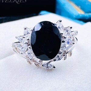 Oval Black Onyx Engagement Ring, Gothic Solitaire Promise Ring, Sterling Silver Cluster (7x9 mm)