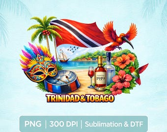 Trinidad and Tobago PNG | Caribbean Carnival Design | Steelpan Rum Beach Scene | Island Culture Shirt Design | Sublimation DTF PNG
