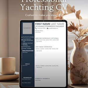 May include: A digital tablet displays a professional yachting CV template. The CV includes sections for personal details, maritime experience, land-based experience, qualifications, skills, and references. The text "Professional Yachting CV" is at the top.