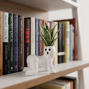 May include: A white ceramic planter shaped like a crawling figure with a surprised facial expression, featuring two black eyes and an open mouth. The planter holds a small green and yellow variegated snake plant with pointed, upright leaves.