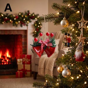 Könnte beinhalten: Ein hängender Weihnachtsschmuck bestehend aus zwei glänzenden roten Glocken, die mit einem rot-weiß karierten Band zusammengebunden sind, verziert mit grünen Tannennadeln und drei kleinen roten Beeren, befestigt an einer rustikalen Kordel.