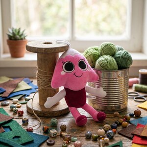 K&ouml;nnte beinhalten: Eine rosa Pl&uuml;schfigur mit gro&szlig;en schwarzen Augen und einer wei&szlig;en Spitze sitzt neben einer Holzspule und einer Metalldose voller gr&uuml;ner Wollkn&auml;uel. Die Figur hat einen dunkelrosa Rumpf, hellrosa Gliedma&szlig;en und dunkelrosa F&uuml;&szlig;e mit einem kleinen Etikett.