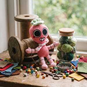 May include: A pink plush toy with large black eyes, a white smile, and a light green leaf on its head, wearing a white and pink striped scarf. It is surrounded by wooden beads, felt squares, a glass jar of green yarn, and metal scissors.