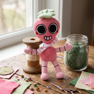 May include: A pink plush toy shaped like a radish with a light green leafy top, large black eyes, a wide smiling mouth, and a pink and white striped scarf around its neck. The plush has thin arms and legs with black stitched lines at the joints.