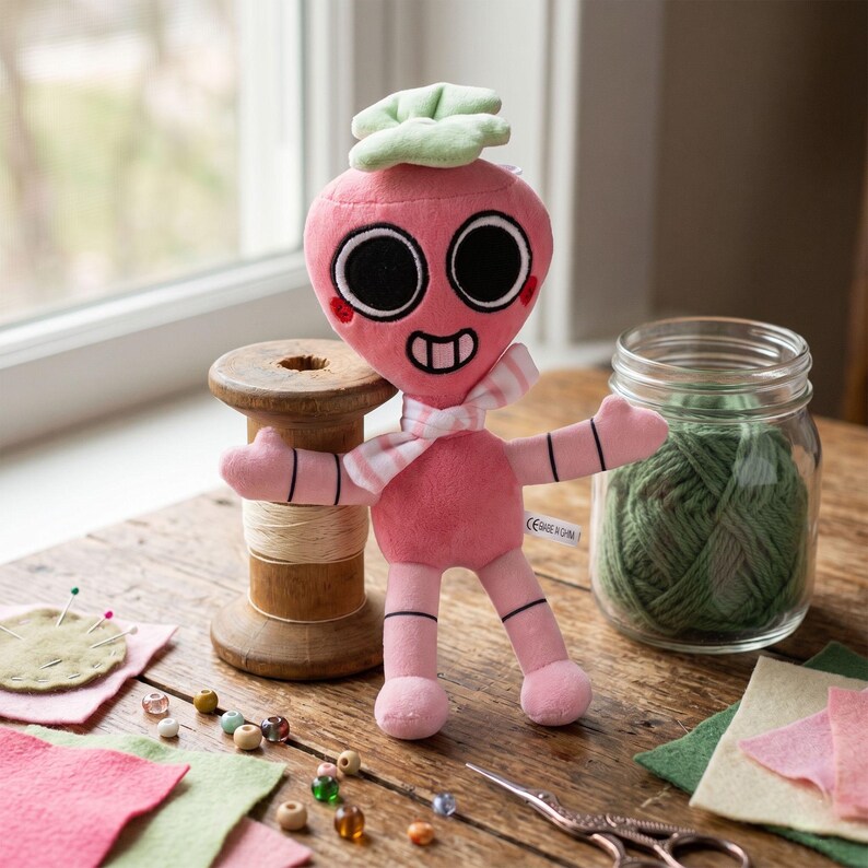 May include: A pink plush toy shaped like a radish with a light green leafy top, large black eyes, a wide smiling mouth, and a pink and white striped scarf around its neck. The plush has thin arms and legs with black stitched lines at the joints.