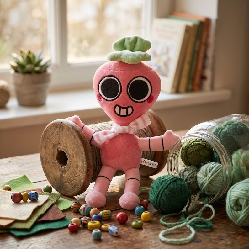 May include: A pink plush toy with large black eyes, a wide smiling mouth, and a green leafy top, wearing a white and pink striped scarf. The toy is positioned in front of a large wooden spool, surrounded by colorful beads and green yarn.