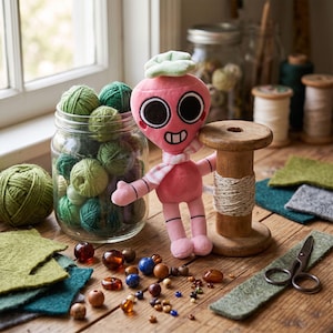 May include: A pink plush toy with large black eyes and a white and pink checkered scarf stands next to a wooden spool wrapped in twine. A glass jar filled with green yarn balls, various loose beads, felt scraps, and metal scissors are nearby.