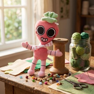 May include: A pink plush toy shaped like a vegetable with large black eyes, a wide smile, and a light green leafy top. The toy wears a white and pink striped neck scarf and has black stitched lines on its arms and legs, with a small white tag.
