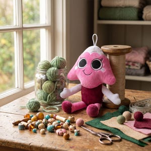 K&ouml;nnte beinhalten: Eine rosa Pl&uuml;schpuppe mit wei&szlig;er Oberseite, gro&szlig;en schwarzen Augen und einem kleinen L&auml;cheln, sitzend neben einem Glas mit gr&uuml;nen Wollkn&auml;ueln, einer Holzspule, verschiedenen Holz- und Kunststoffperlen, einer Metallschere und Filzst&uuml;cken.
