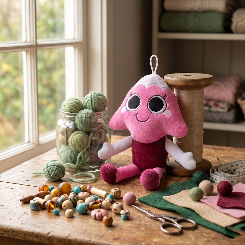 K&ouml;nnte beinhalten: Eine rosa Pl&uuml;schpuppe mit wei&szlig;er Oberseite, gro&szlig;en schwarzen Augen und einem kleinen L&auml;cheln, sitzend neben einem Glas mit gr&uuml;nen Wollkn&auml;ueln, einer Holzspule, verschiedenen Holz- und Kunststoffperlen, einer Metallschere und Filzst&uuml;cken.