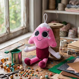 K&ouml;nnte beinhalten: Ein Pl&uuml;schtier in Form eines rosa Berges mit wei&szlig;er Schneekuppe, gro&szlig;en schwarzen Augen und einem l&auml;chelnden Mund. Die Figur hat wei&szlig;e Arme, einen dunkelroten Rumpf und rosa Beine. Eine wei&szlig;e Schlaufe ist an der Spitze des Berges befestigt.
