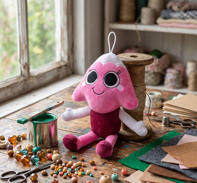 K&ouml;nnte beinhalten: Ein Pl&uuml;schtier in Form eines rosa Berges mit wei&szlig;er Schneekuppe, gro&szlig;en schwarzen Augen und einem l&auml;chelnden Mund. Die Figur hat wei&szlig;e Arme, einen dunkelroten Rumpf und rosa Beine. Eine wei&szlig;e Schlaufe ist an der Spitze des Berges befestigt.