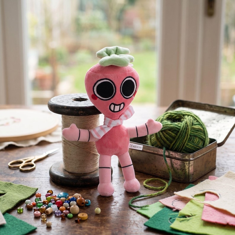 May include: A pink plush toy with large black eyes, a wide smiling mouth, and a light green leafy top. The figure wears a white and pink striped scarf around its neck and has thin arms and legs with visible joints, standing upright.