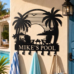 Porte-serviette de piscine personnalisé, Crochets pour serviette de piscine, Rangement pour sac de maillot de bain peignoir, Cadeau maison de plage, Porte-serviettes de plage, Panneau nominatif pour piscine
