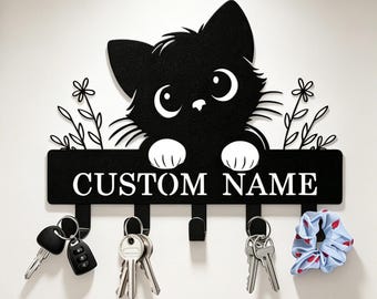 Personalized Cat Key Holder, Custom Metal Key Rack Wall Mount, Cat Lover Gift, Cat Name Sign, Key Hanger for Entryway, Hallway, Doorway