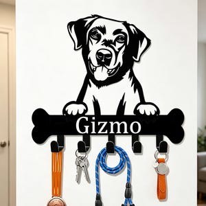 以下が含まれることがあります： 「Gizmo」という名前が骨の形をしたプレートに書かれた、黒い金属製の犬用リードとキーホルダー。犬のデザインは白黒です。フックには犬のリード、鍵、メダルが吊り下げられています。