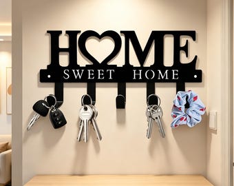 Home Sweet Home Key Hanger, Custom Key Holder for Wall, Home Decor, Metal Key Rack, Hat Coat Rack, Entryway Mudroom Key Rack, New Home Gift