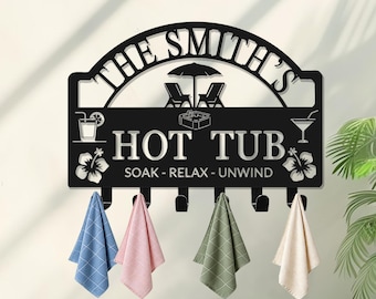 Personalized Hot Tub Towel Rack, Towel Hooks, Metal Towel Hanger, Towels Robes Swimsuit Rack, Backyard Decor, Family Name Sign, Home Gift