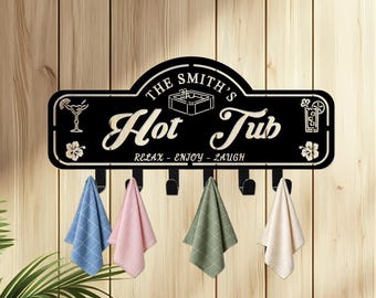 Custom Outdoor Hot Tub Towel Rack, Personalized Name Towel Hooks, Metal Towel Organizer, Towels Robes Swimsuit Coat Hanger, Backyard Decor