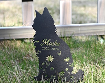 パーソナライズされた猫のメモリアルプレート、猫の死を悼むギフト、長毛猫の像、ペットの墓標、猫の金属看板、庭の装飾、追悼の杭