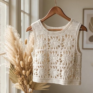 Modello per top corto all'uncinetto "Grandma Square", tutorial per canotta estiva in stile boho (PDF)