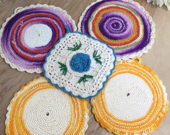 Vintage crochet pot pads, pot holders, trivet, purple and yellow, doily