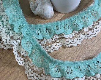 Ivory white and sage green lace double ruffle trim, 1.5" width, by the yard