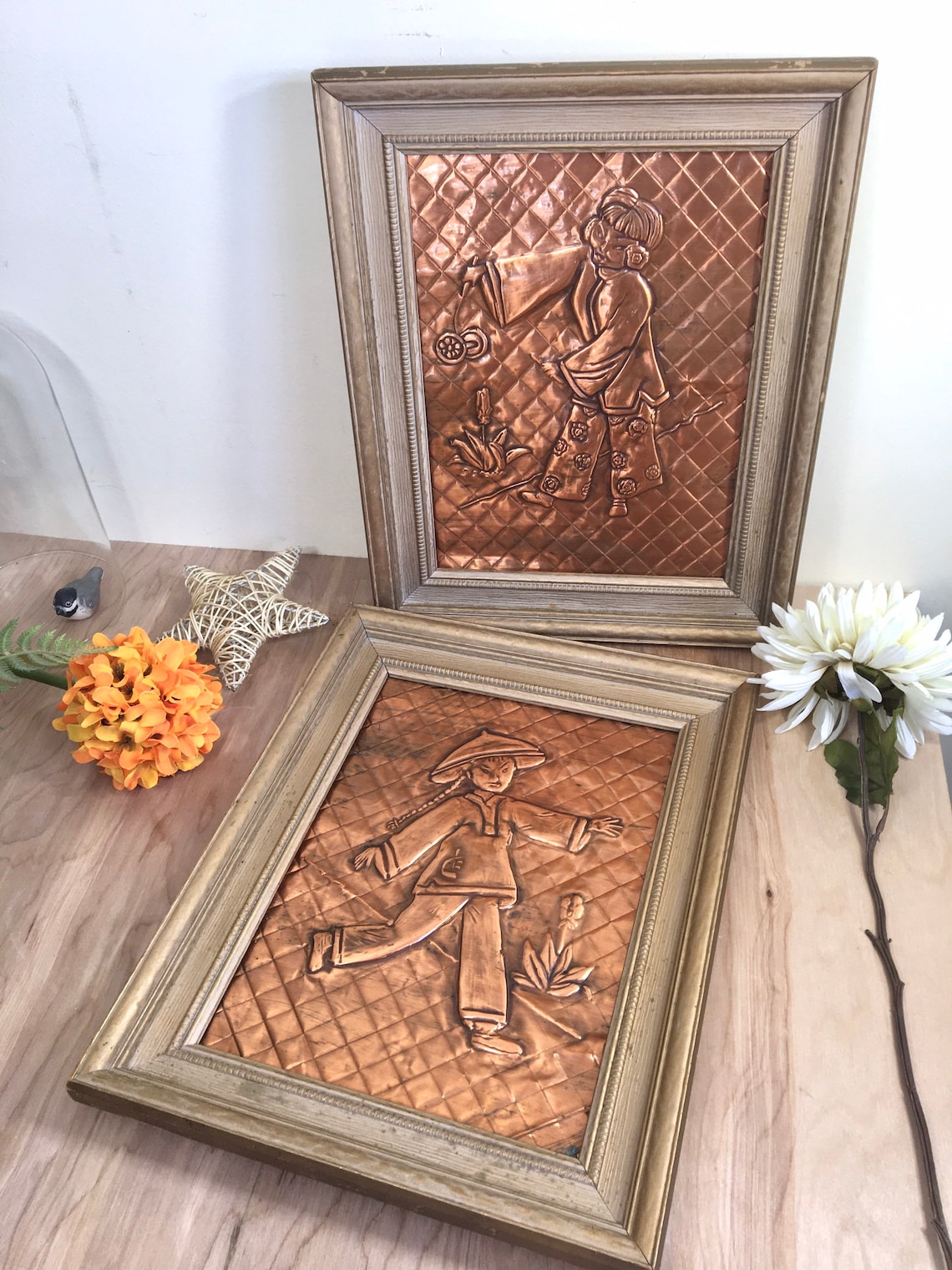 Metal Copper Repousse Pictures With Oriental Theme Hanging Etsy