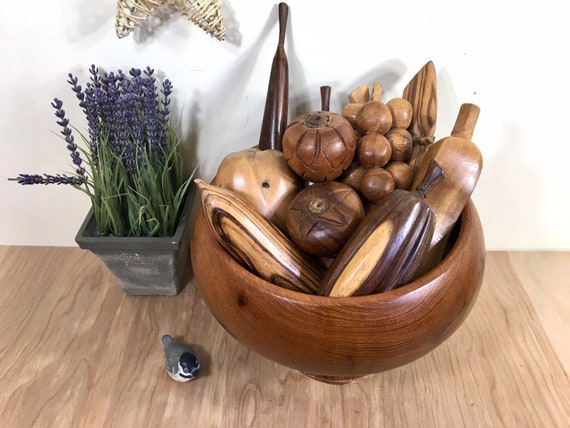 Vintage Wooden Fruit Set 14 Piece Set Hand Carved Wood Fruit