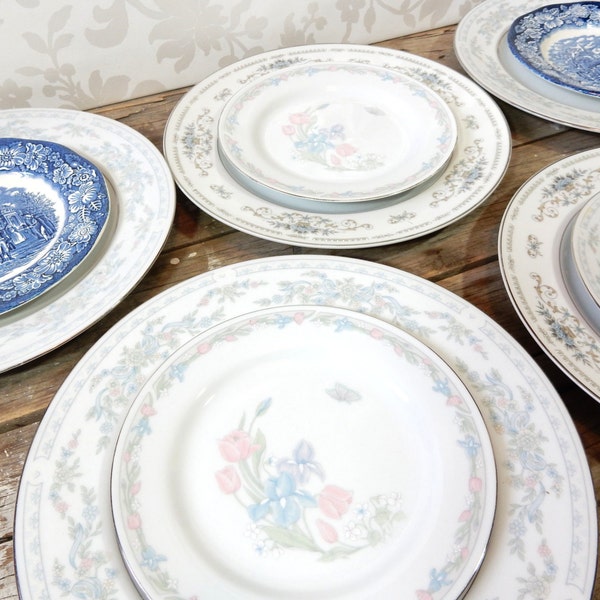 Mismatched Dinner Plates, Silver, blue & gray, and Bread Plates, setting for 5,  Bone China, 10 pieces in total