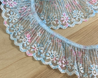 Lace Trim, pastel Variegated colourful Ruffled Lace, 1.25" width, pink blue, by the yard