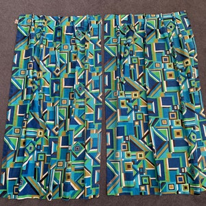 Vintage Mod fabric curtain panel pair, Blue, Green, Geometric pattern, 100% cotton