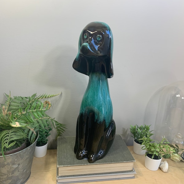 Saluki or Afghan Dog in Turquoise and Black Drip Glaze, Blue Mountain Pottery