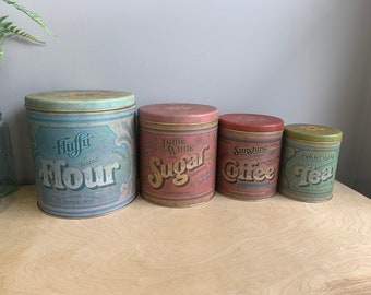 1970's Ballonoff Kitchen Canisters set of 4, Made in USA, Flour, Sugar, coffee, tea