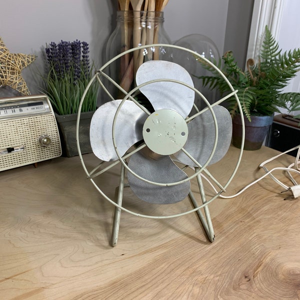 Industrial Desk Fan, Green Plastic body with cream wire, Torcan, 1950's