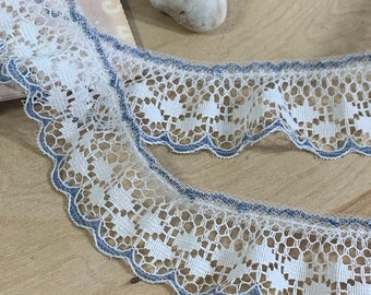 White with blue accent ruffle lace trim, by the yard, 1.25" width
