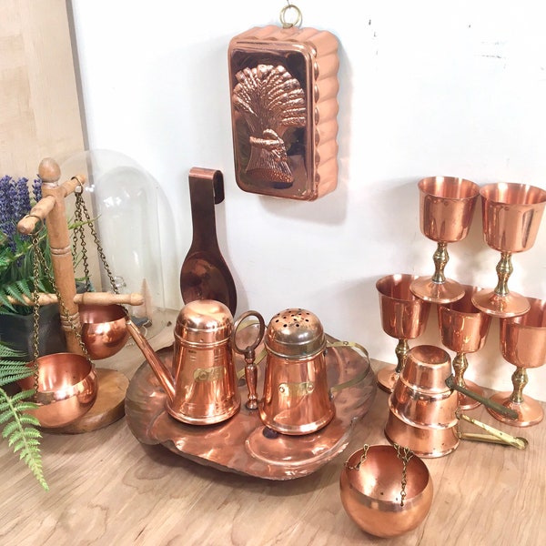 Copper measuring cups, goblets, planters, tray, Oil and cheese shakers, pick what you want