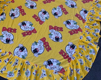 1980's Popeye twin sheet with ruffle edges, yellow, cotton