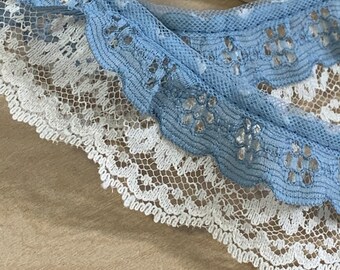 Lace Trim, Ivory & dusty blue double ruffle, by the yard, 1.5 inch wide